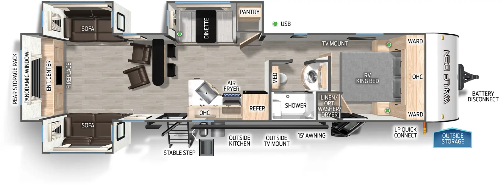 The Cherokee 306MM floorplan has two entries and three slide outs. Exterior features include: metal exterior, 15' awning and outside kitchen. Interiors features include: front bedroom and rear living.